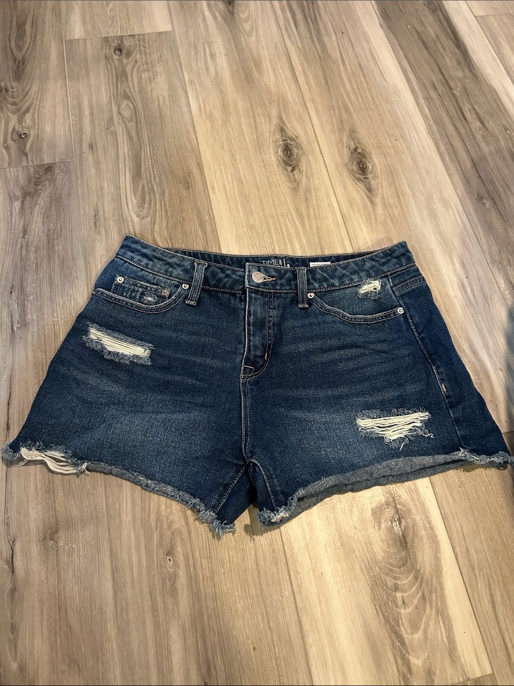 Time and Tru Distressed Dark Blue High-Rise Jean Shorts